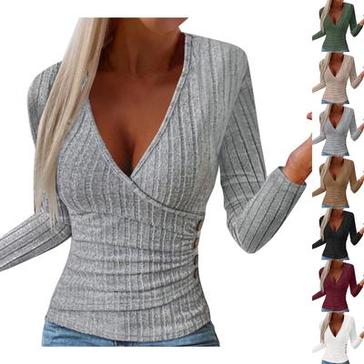 Damen Casual Mode Knopf Strickpullover V-Ausschnitt Slim Fit Langarm Oberteil