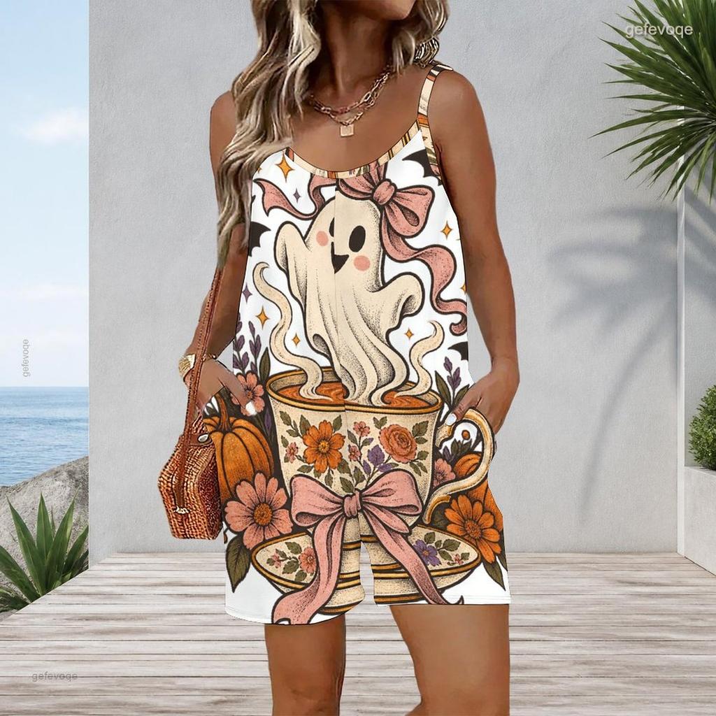 Women Plus Size Sleeveless Cami Short Romper Witch Potion Bottle Floral Celestial Print Jumpsuit With Side Pockets