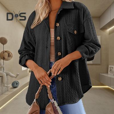 Women Shirt Lapel Long Sleeve Flap Pocket Shirt Tops Single Breasted Solid Color Twist Texture Oversized Fit Shirt Jacket