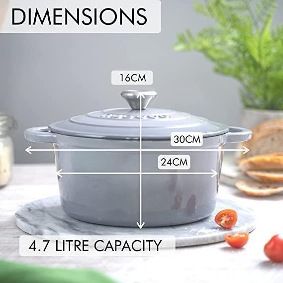 Nuovva Cocotte Antiadhésive En Fonte Avec Couvercle - Mijoteuse Gris - Rond - Ø24 Cm - 4,7 Litres