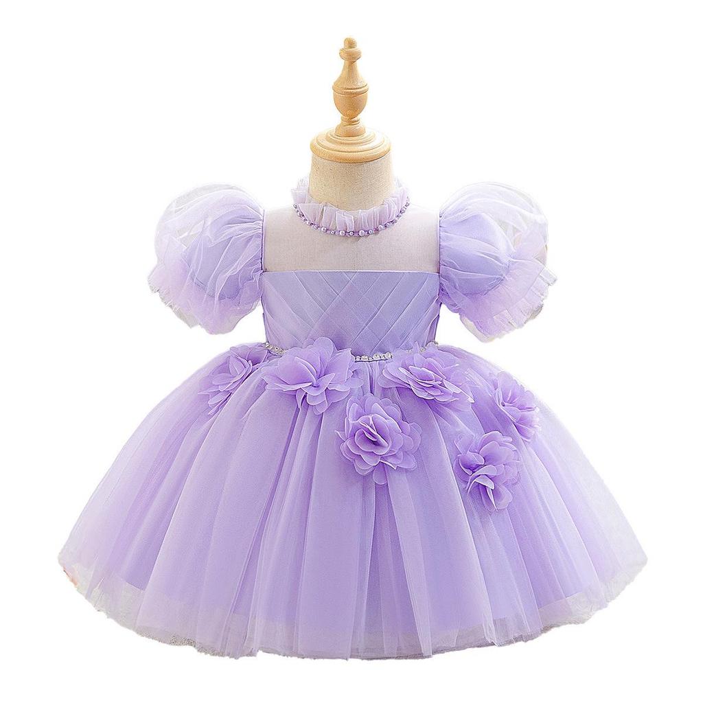 Vestido de Primera Comunión de Princesa con Flores 3D para Niñas - Falda de Malla Abullonada para Actuación de Piano