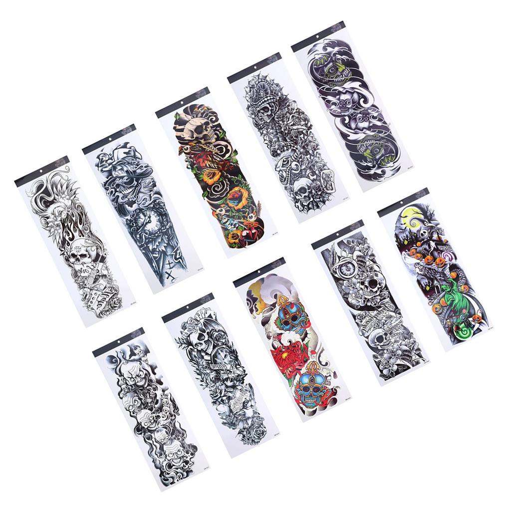 10pcs Fake Tattoo Stickers Temporary Waterproof Skull Pattern Full Arm Tattoos for Halloween