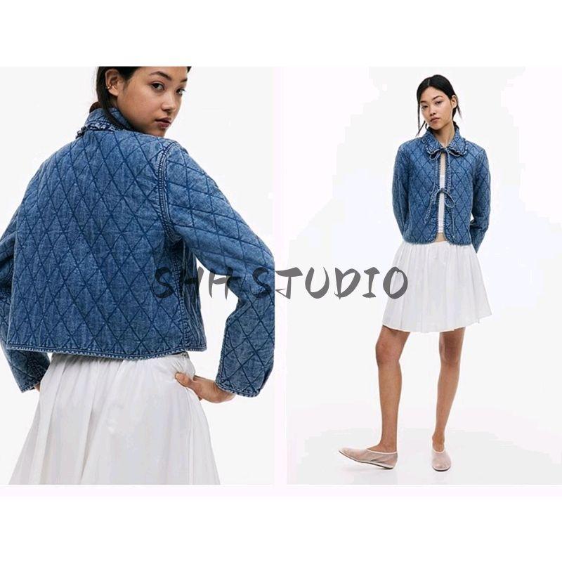 Summer New Arrival Women's Cotton Slim Fit Short Frill Collar Long Sleeves Quilted Denim Outwear 1264176