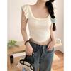 French square collar, fungus edge, curved hem, beautiful back, short sleeves, pure lust bow T-shirt, women's short midriff-baring top, summer