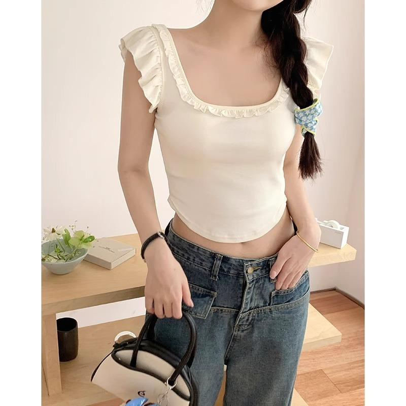 French square collar, fungus edge, curved hem, beautiful back, short sleeves, pure lust bow T-shirt, women's short midriff-baring top, summer