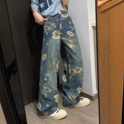 Women's Floral Wide-Leg Jeans: American Retro Style, Perfect for Autumn/Winter, Tall Length, High Street Vibe