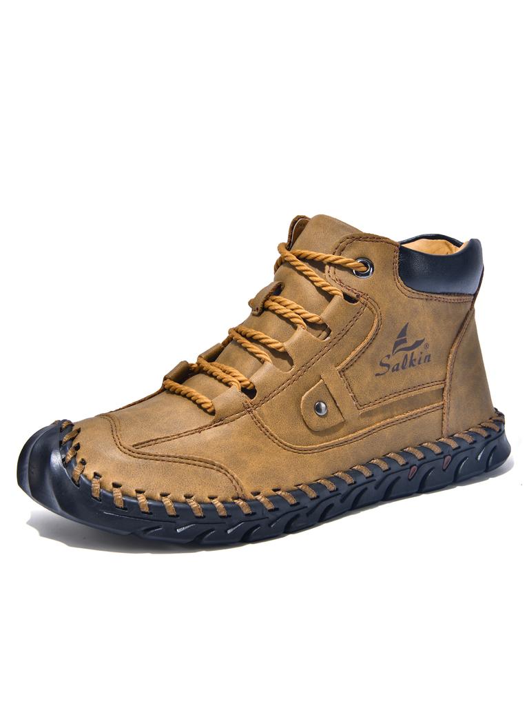 Handgenähte Lederschuhe Outdoor Herrenstiefel Herbst Retro Atmungsaktive Freizeitschuhe Rutschfeste Schnürung Knöchel Arbeitsstiefel Winter