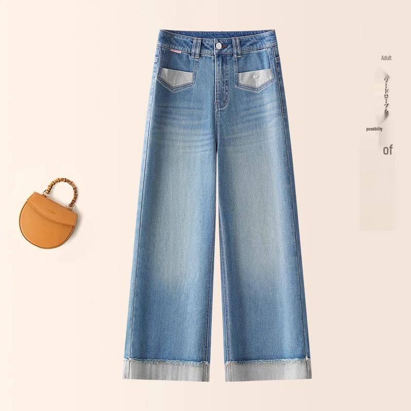 

Женские джинсы прямого кроя светлых оттенков, с подвернутым низом, длиной девять точек, весенне-осенние, универсальной облегающей посадки, свободные брюки широкого кроя. 27 (95-105 lbs) синий