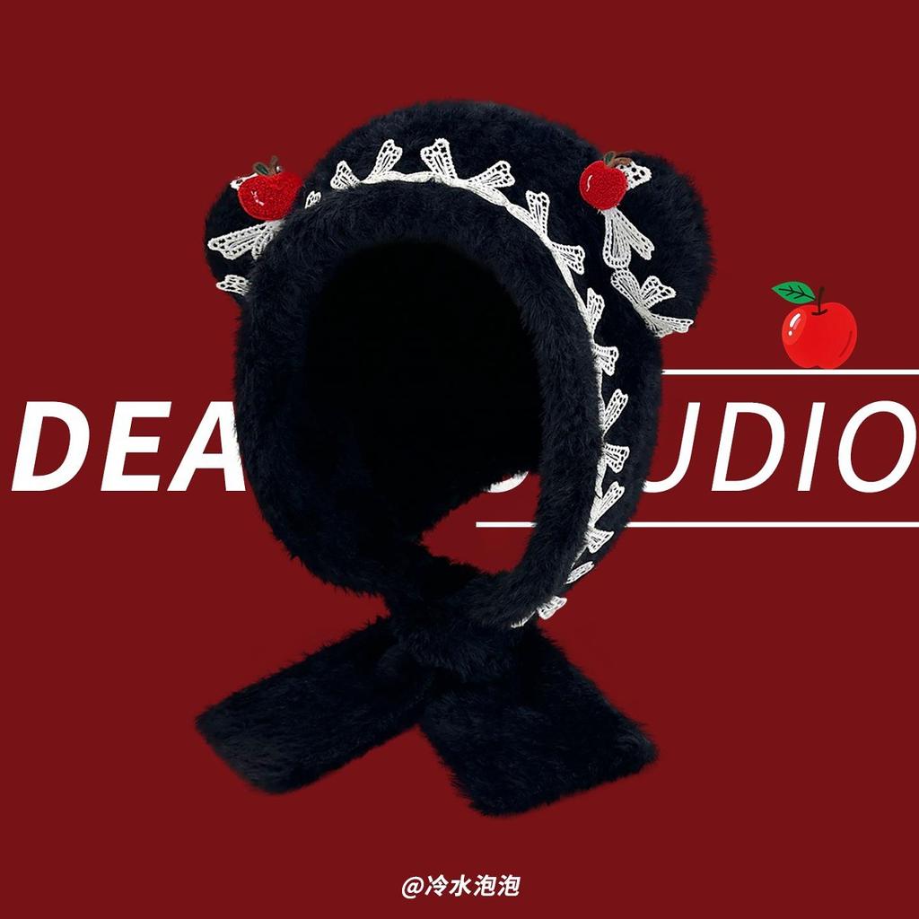 Winter Verdickte Behaarte Bärenohren Pullover Mütze Kinder Neu Apfel Spitzkante Nackenschutz Schleife Mütze Tide