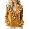 Women's Velvet V-Neck Blouse with Ruffle for Elegant