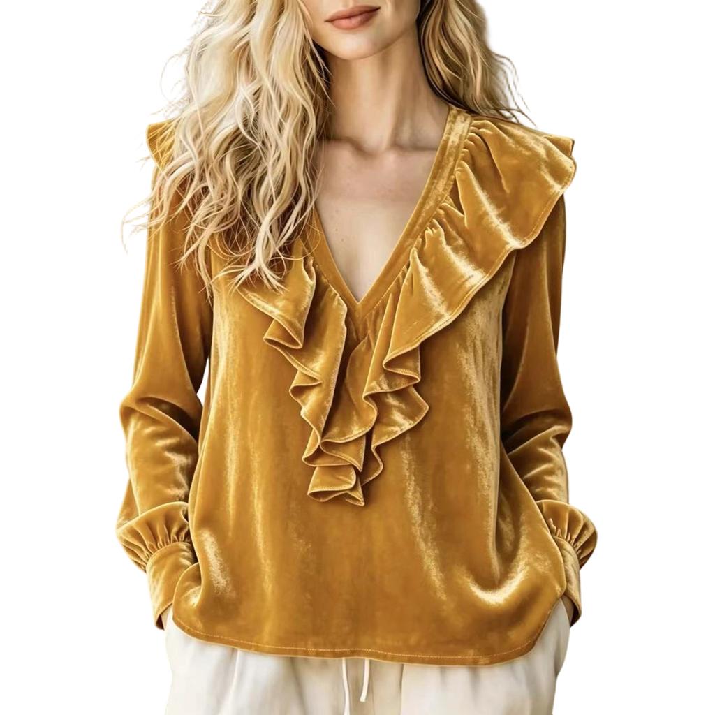 Women's Velvet V-Neck Blouse with Ruffle for Elegant