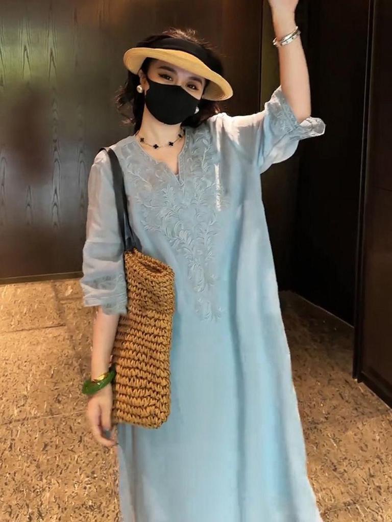 Cotton-Linen Chinese Style Embroidered Dress - Summer 2025 Collection