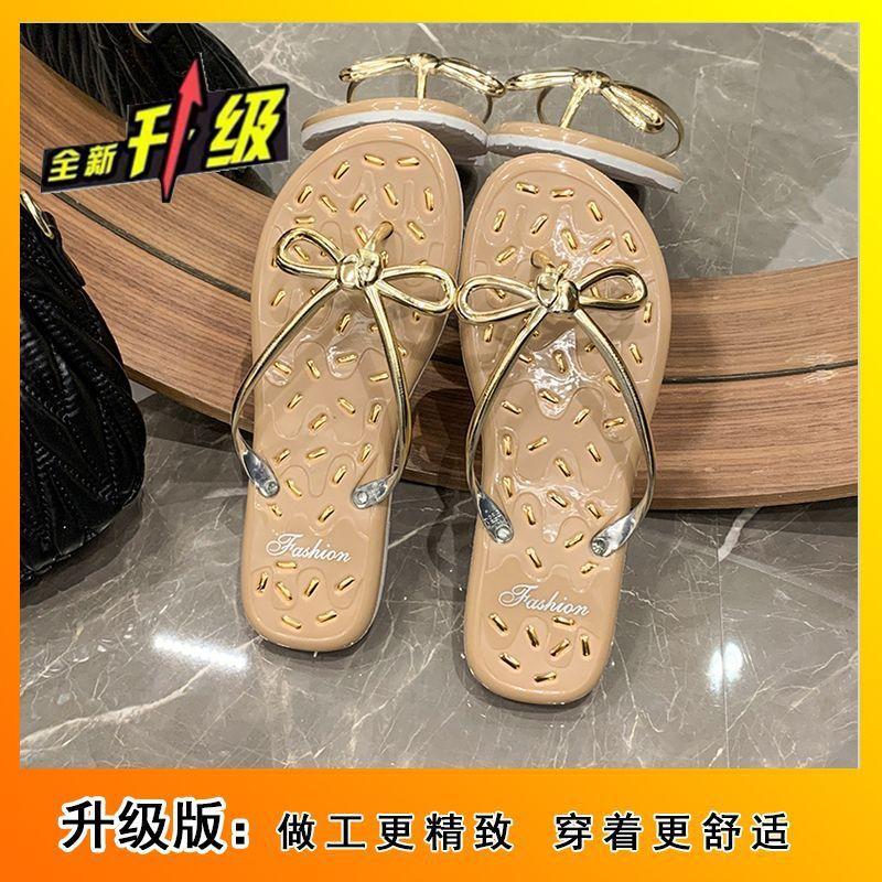 Bow Flip-flops Summer 2025 New Women's Go Out Fashionable Versatile Foot Pinch Jelly Crystal Non-slip Cool Slippers