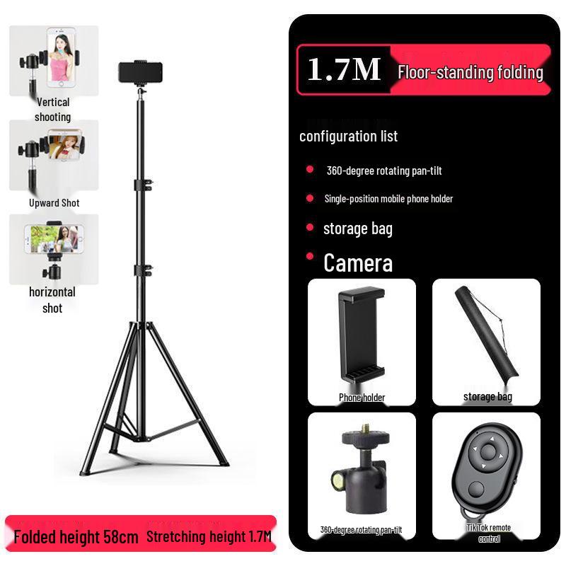 Mobile Phone Live Streaming Selfie Stand Holder, Adjustable 1.7m/2.1m Floor Tripod for Video Shooting, TikTok & Kuaishou