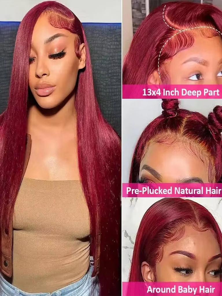 200 Density 13x4 13x6 Full Frontal Lace 99j Burgundy Preplucked Colored Straight Frontal Wig HD Transparent Lace Human Hair Wigs