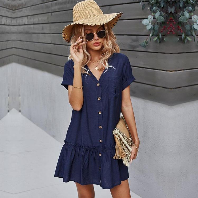 Summer Women Casual Short Dress V Neck Single Breasted A Line Solid Color Dresses Spring Summer Apricot Navy Blue Sizes S M L XL