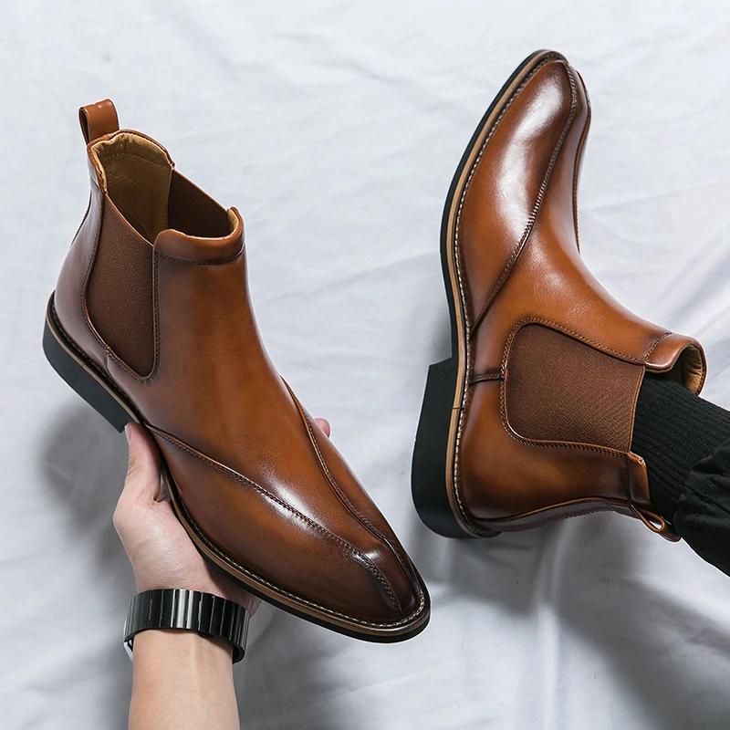 Fashion New Brown Chelsea Boots for Men Ankle Business Square Toe Slip-On Mens Boots  Size 38-45