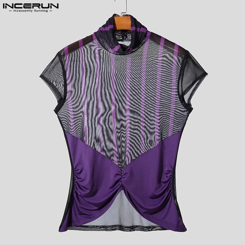 INCERUN Men High Neck Striped Mesh Sheer Stitching Irregular Party Club T-shirts Tops