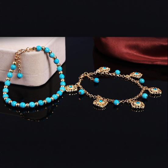 Boho Double Layers Rhinestone Flower Turquoise Foot Chain Anklet Ankle Bracelet