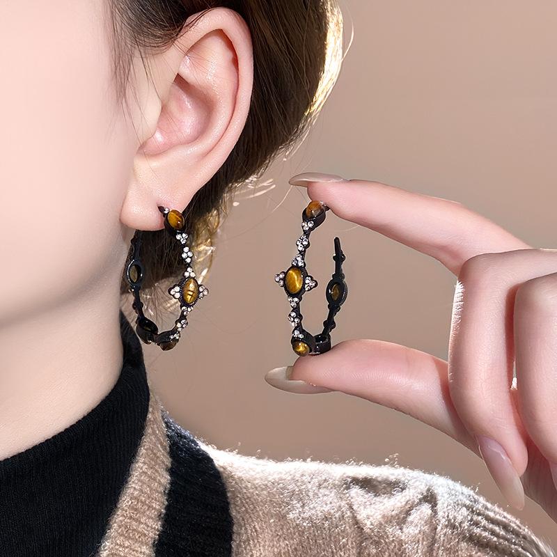 Shiny Zircon C-Shaped Earrings for Women Girls Vintage Brown Tiger Eye Stone Drop Earrings Unique Design Christmas Jewelry Gift