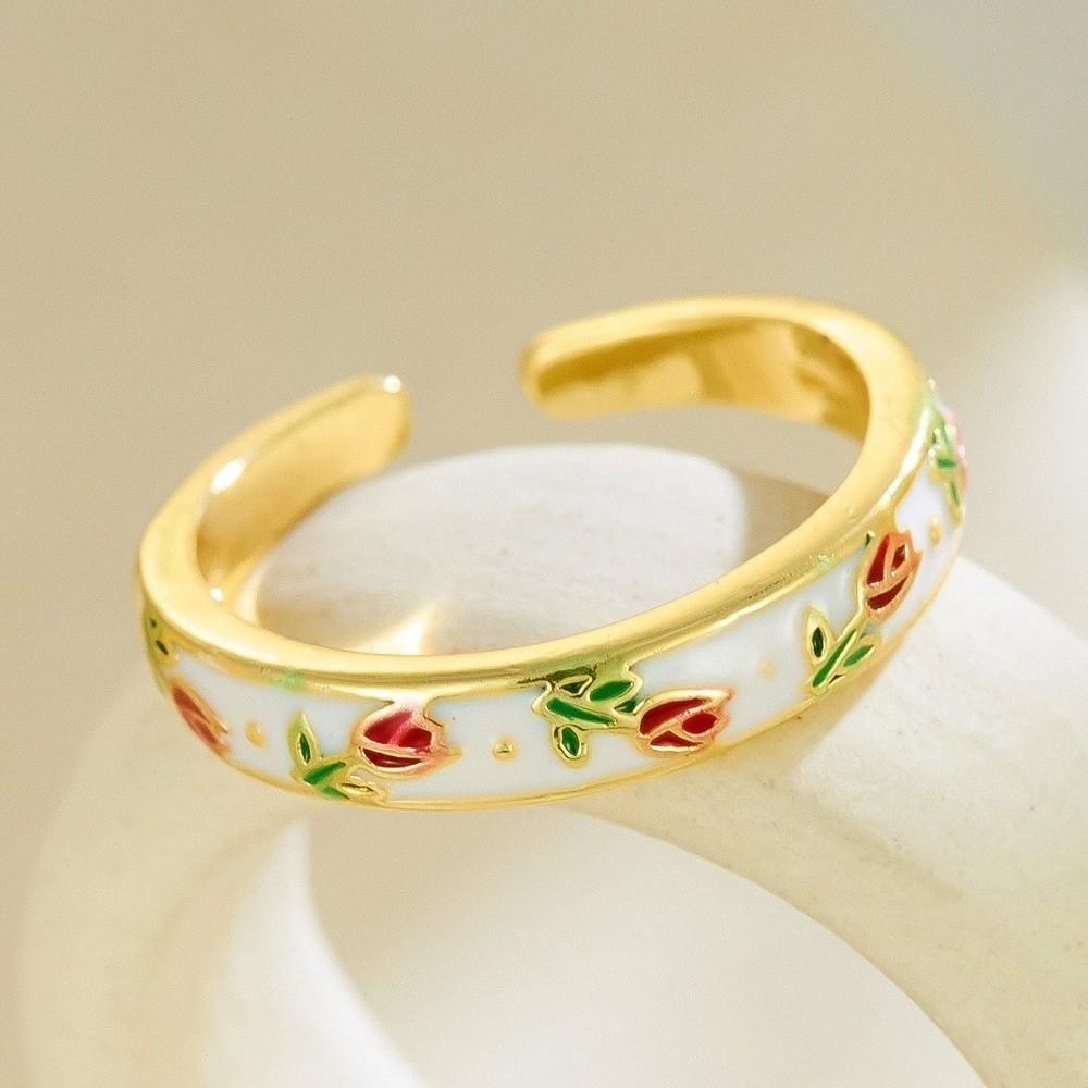 Unique Vintage Geometric Ring Flower Adjustable Tulip Ring Bohemian Enamel Open Ring Parties
