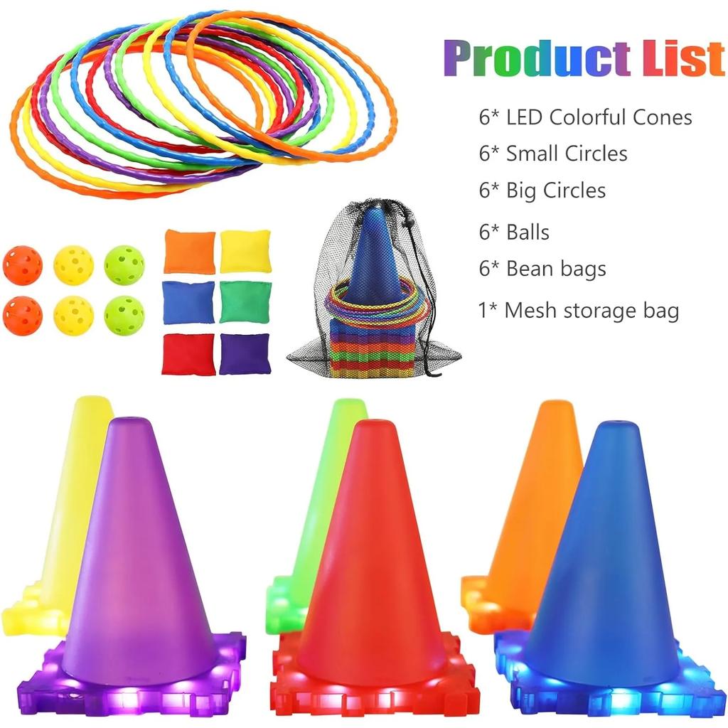 3 In 1 Ball & Ring & Bean Bag Cones Toss Game Play Set with Light Multiple Throwing Target Models Outdoor Family Yard Party Game