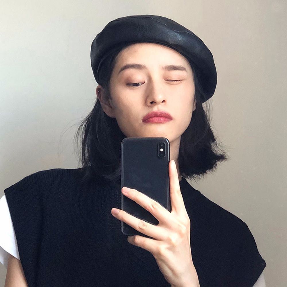 Winter British Style Leather Korean Style Hat Painter Hat Women Octagonal Cap PU Leather Berets