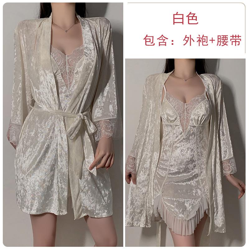 Women's Plus Size Velvet Deep V Push Up Padded Sleep Dress with Robe for Fall Winter