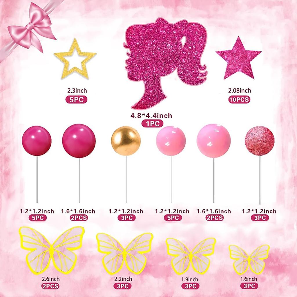 47 Stück Heißrosa Mädchen Kuchenaufsätze für Glitzer Mädchen Heißrosa Prinzessin Thema Hochzeit Babyparty Geburtstagsfeier Zubehör