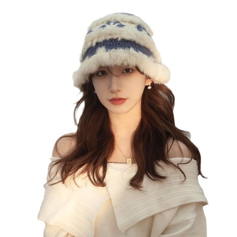 Autumn and winter new red lion hat women's warm versatile face small bucket hat cute rabbit hair handmade knitted hat