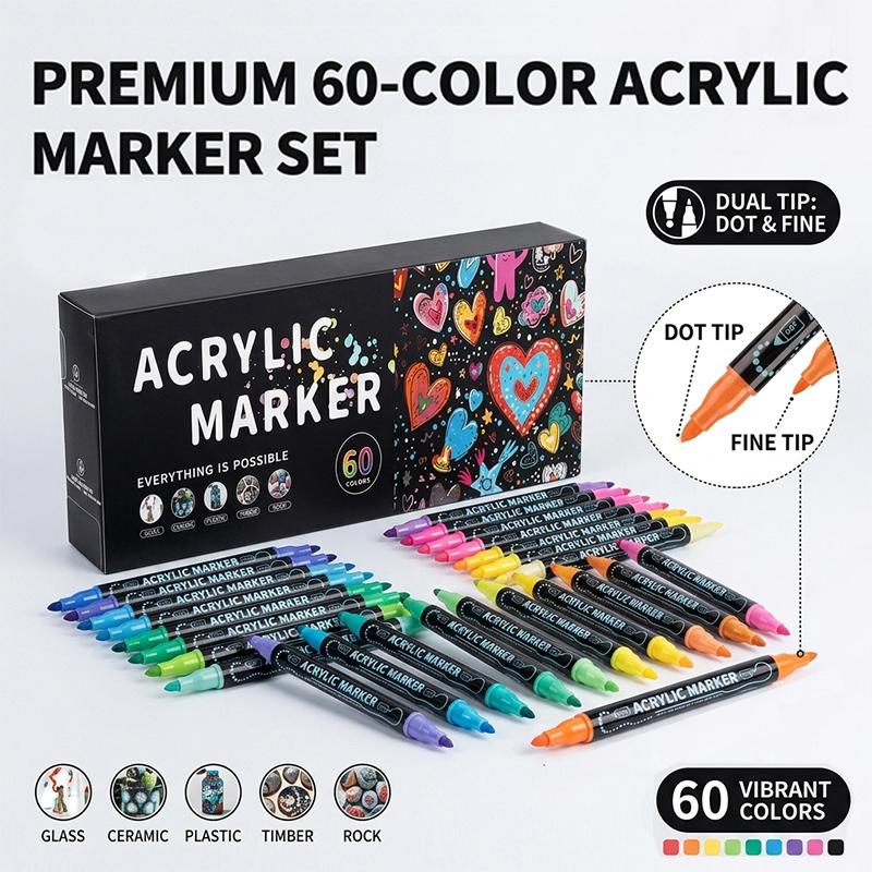 Acrylic Marker 36/60 Colors Dual Tip Paint Pens for Rock Wood Canvas Glass Ceramic Art Supplies