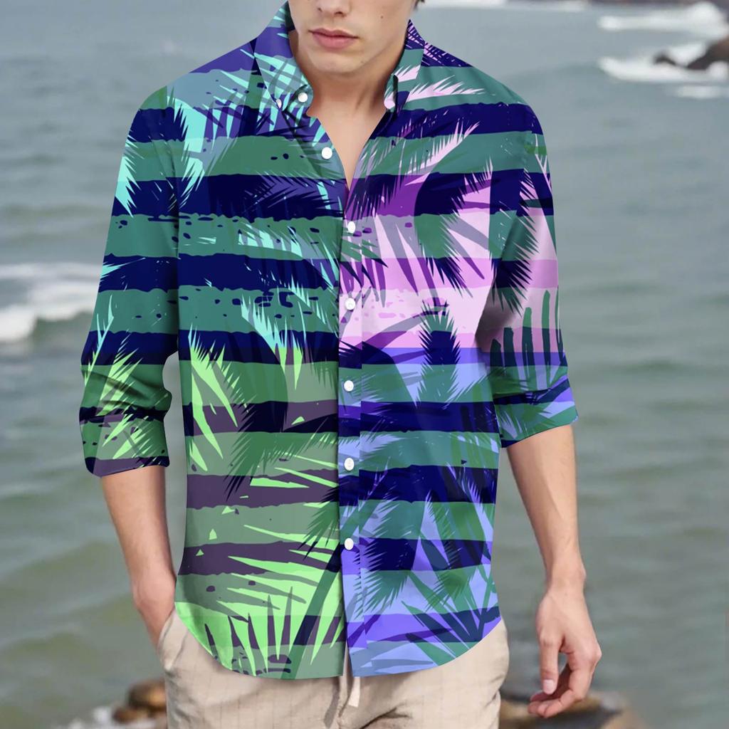 Men's Fashion Long Sleeve Printed Casual T Shirt Button Regular Fit Shirt Top