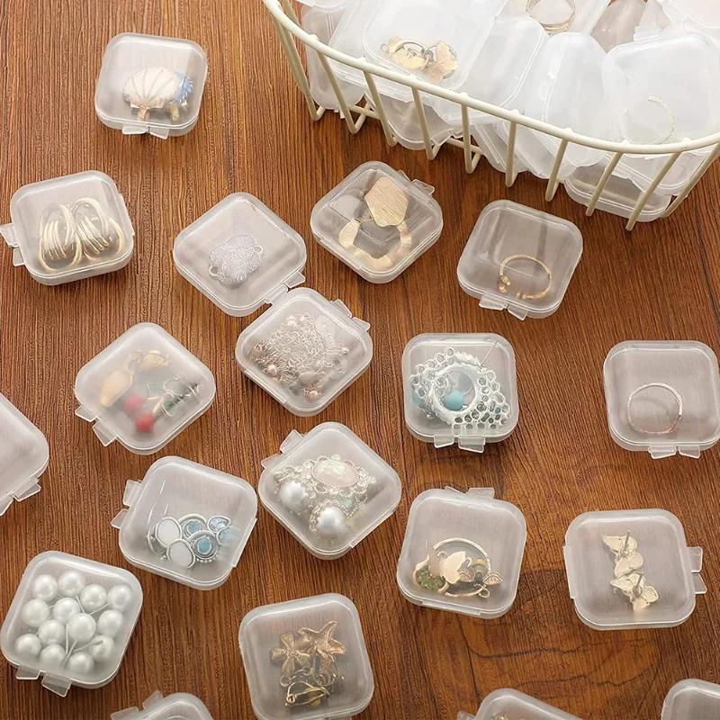 40pcs Mini Plastic Square Storage Containers Box Hinged Lid Clear Jewelry Earrings Rings Portable Pill Storage Case Boxes