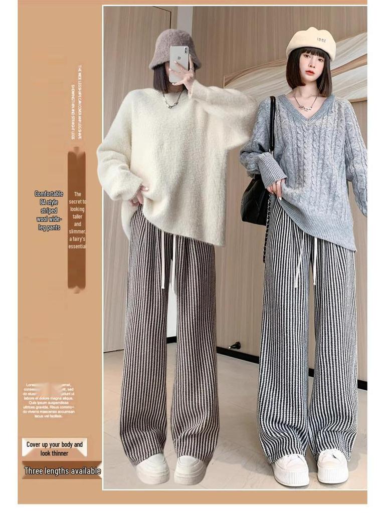 Petite Wool Blend Pinstripe High Waist Wide Leg Pants - Slimming, Loose Fit for Autumn/Winter