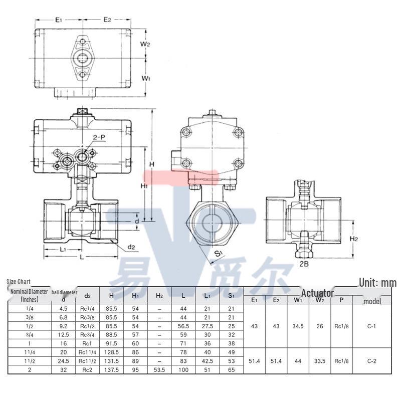 Kitazawa KITZ Stainless Steel 316 Pneumatic Three-Way Diverting Ball Valve C-UTE/C-UTNE C-1 Available