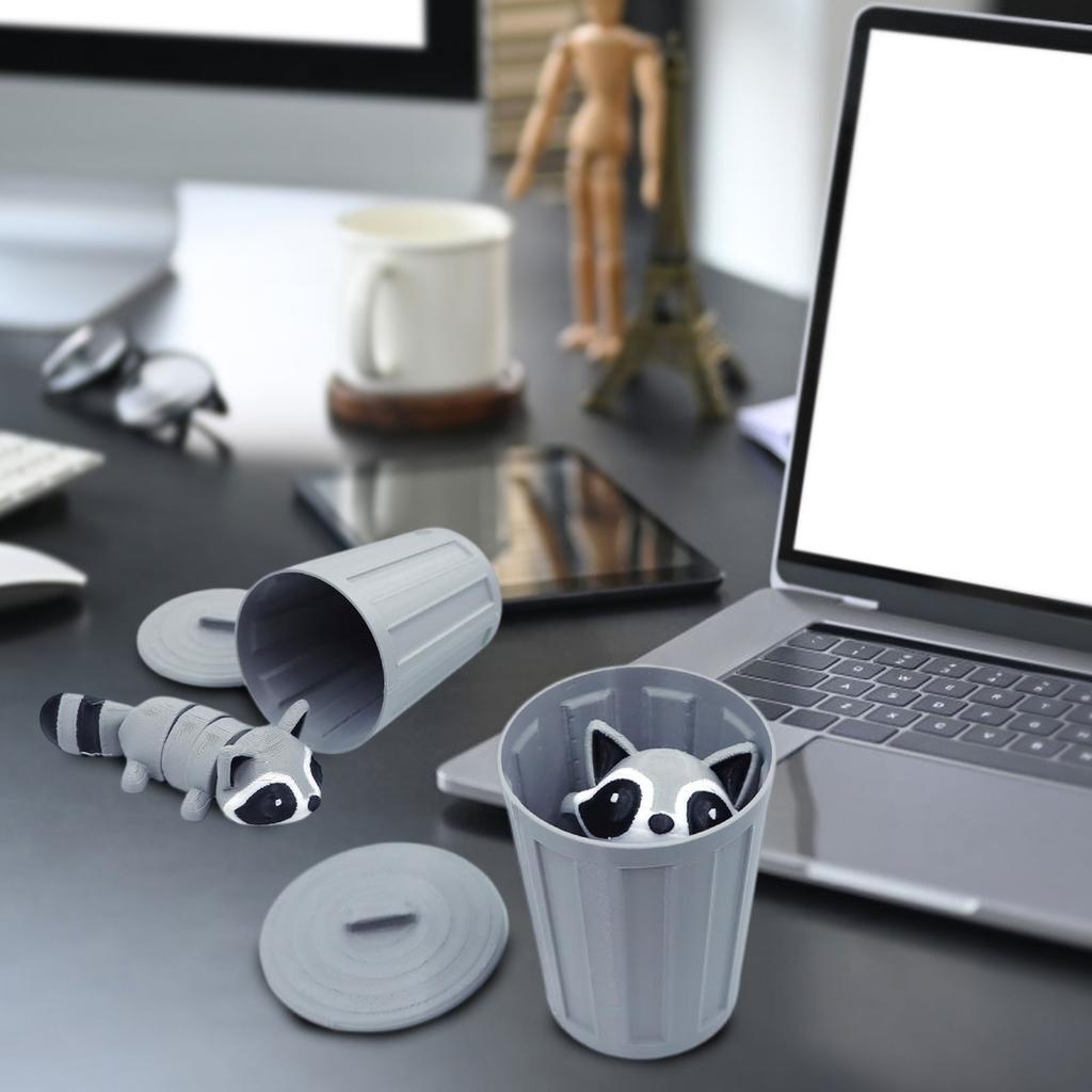 3D-gedruckte Waschbär-Figur, Bewegliche Gelenke, 3,19 Zoll lang, Grau und Schwarz, Mit Aufbewahrungsbehälter