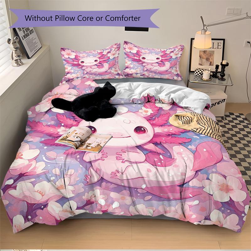 3pcs Axolotl & Pink Flower Bedding Set - Includes 1 Quilt Cover and 2 Pillowcases, Comfortable Bedding with Stylish Design for Bedroom, Mach