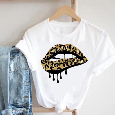 Tee Top Summer Fashion Women Print Tshirt O-neck Leopard Trend Lip Lady Female Clothing Casual Short Sleeve Graphic T-shirt