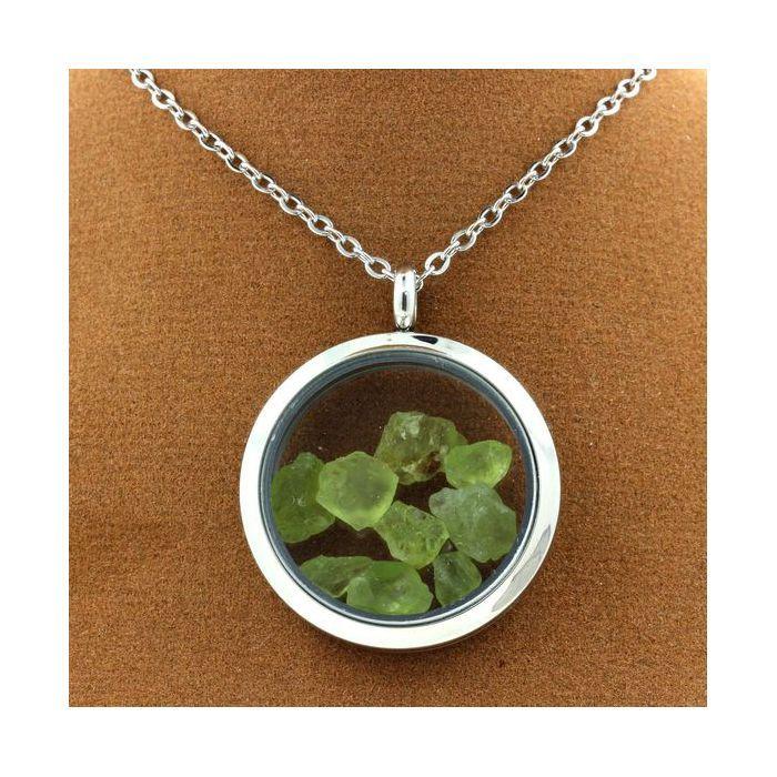 Stones and Minerals. Raw Peridot Necklace. 20 Mm Medallion Model. Color Silver.