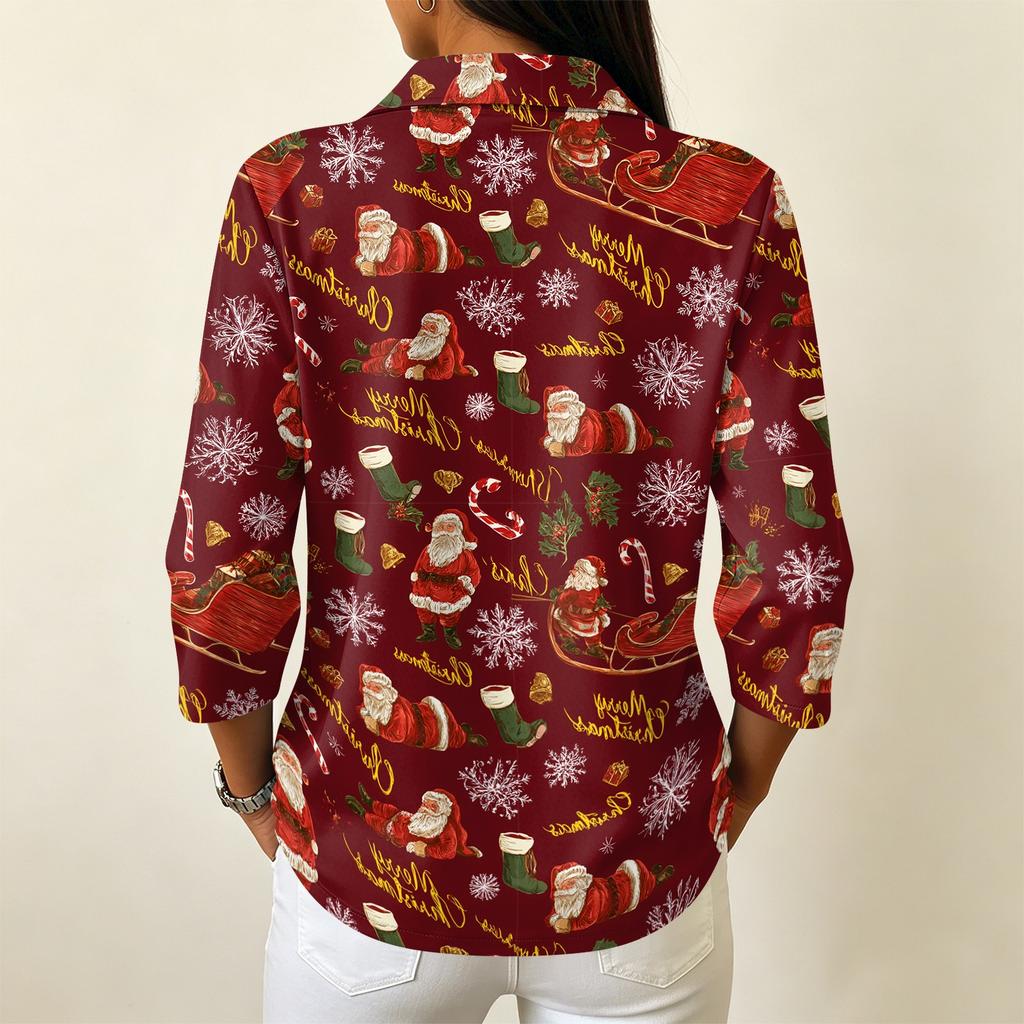 Women's Casual 3/4 Sleeve Button Down Collared Shirt with Christmas Print