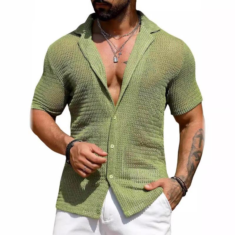 Herren Casual Kurzarm Strickjacke Hemd Sommer Einfarbig Atmungsaktiv Oberteil