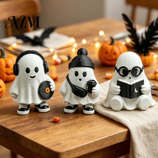 Trendy Interior Soft Furnishings Cute Halloween Ghost Figurine, Holding Coffee/Book/Record Resin Statue, Desktop Ornaments for Spooky Tabletop