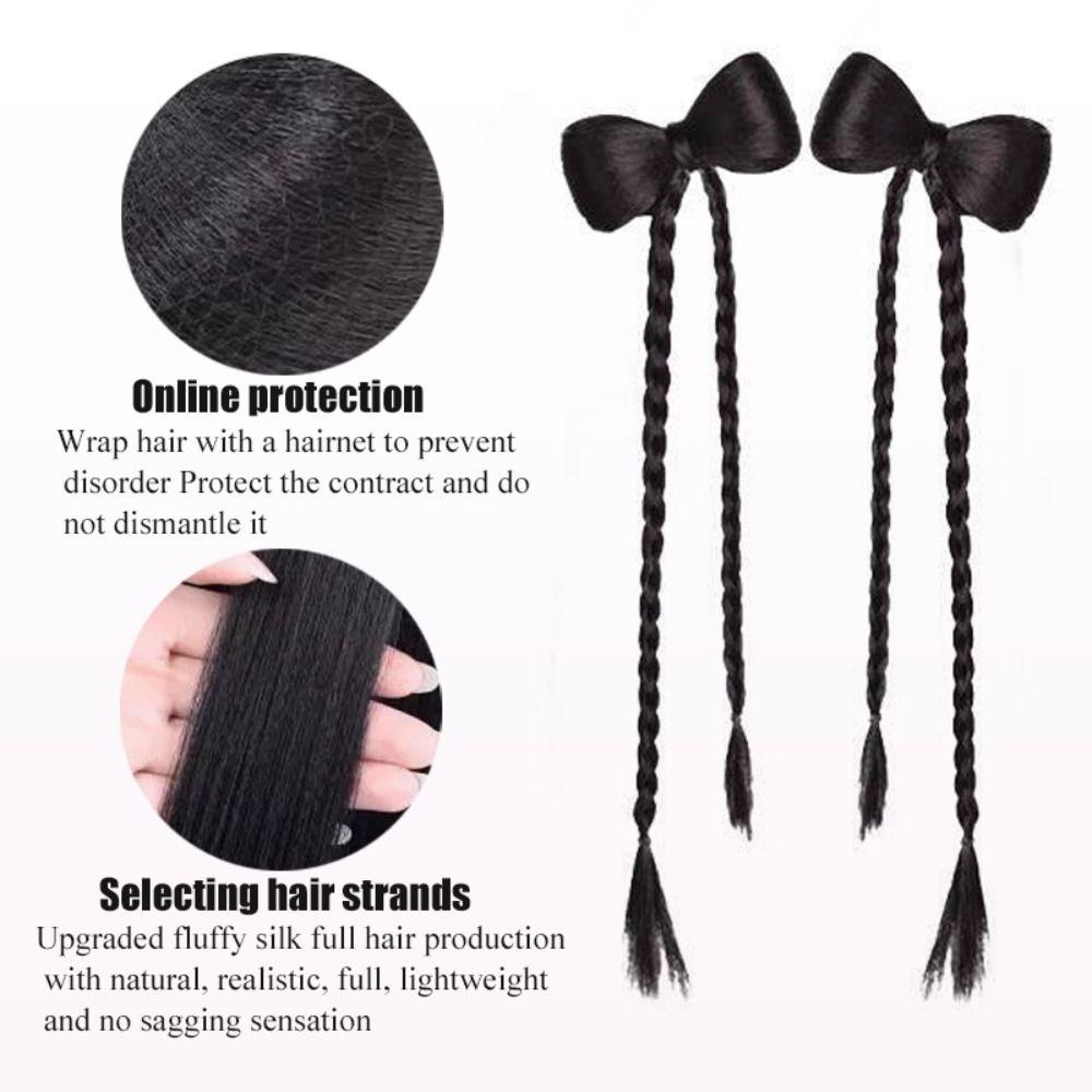 1 Pair Trendy Cute Children'S Wig Braid Bow Knot Sphere Head Hair Clip Double Ponytail Wig Fried Dough Twists Braid Female Use