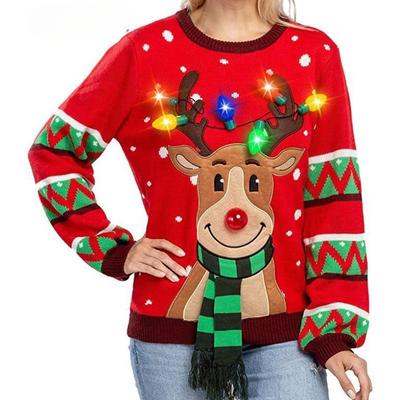 Women's New Christmas Moose Knitwear Novelty Christmas Vibe Sweater with LED Lights Top