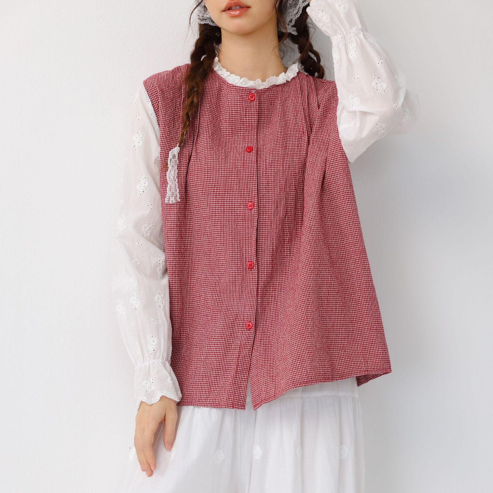 Sweet Plaid Patchwork Long-Sleeve Shirt with Lace Collar - Spring Style One Size красный