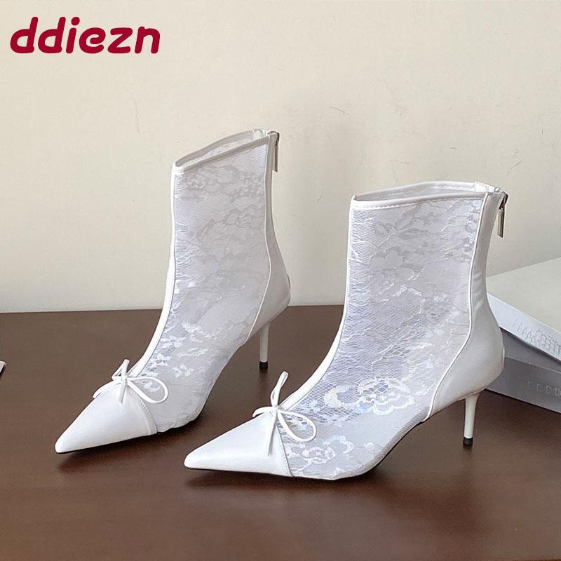 Fashion Fashion Butterfly-Knot Women Ankle Boots Shoes Female Thin Heels Footwear Pointed Toe Ladies Modern Booties Shoes With Zippers