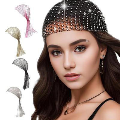 Elegant Elastic Rhinestone Hat Ball Cosplay Mesh Rhinestone Head Scarf Hollow Out Rhinestone Pirate Hat Women