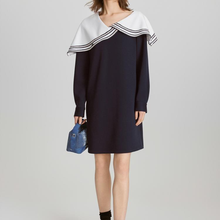 ELLE Elegant Navy Collar Comfortable Delicate Commuter Simple Long Sleeve Dress Women dresses Navy-Blue EL47022