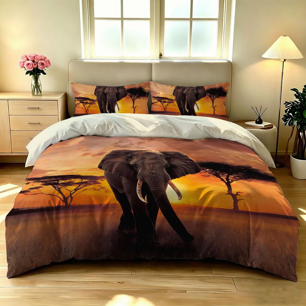 3-teiliges afrikanisches Elefanten-Sonnenuntergangs-Savannen-Print-Bettwäsche-Set mit Kissenbezügen, Schlafzimmerdekoration, Weiche Mikrofaser-Bettwäsche mit Wildtiermotiv