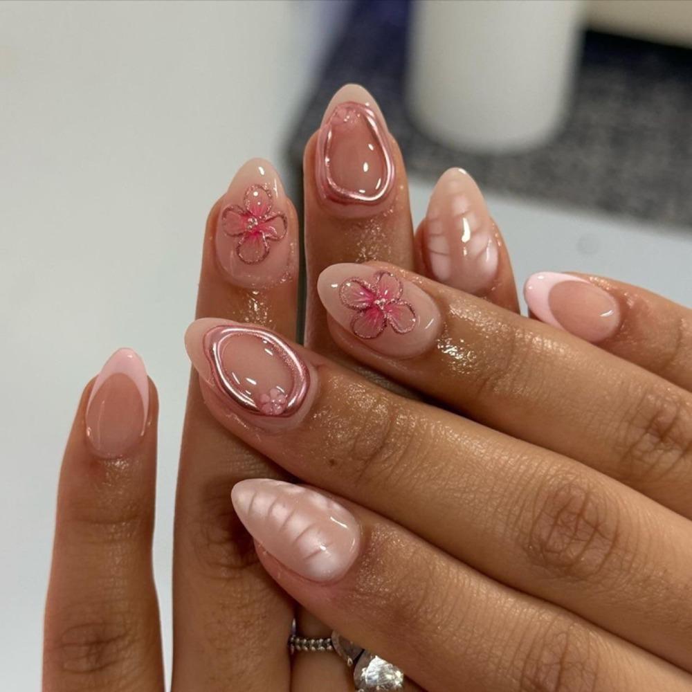 Manicure Long Almond False Nails French Detachable Fake Nails Aurora Press On Nails Women